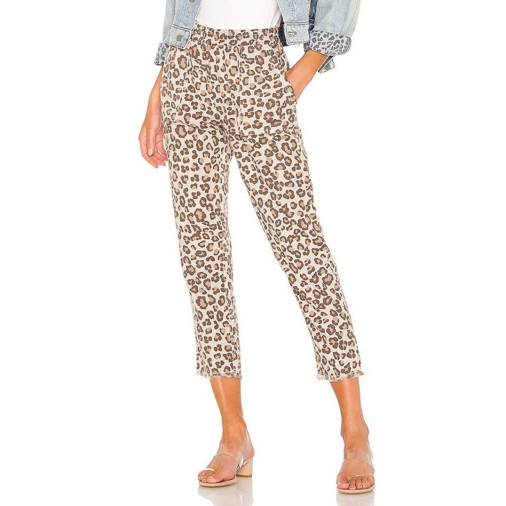 MONROW $153 Leopard Crop Fray Hem Pocket Pants Elastic Waist NEW